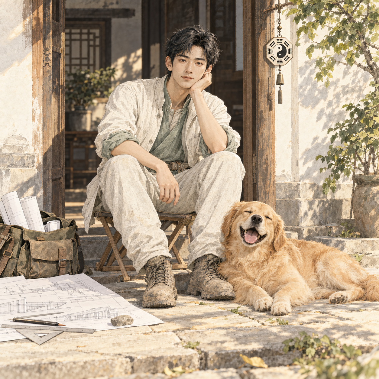 DIO relaxing in the sun on a small stool beside Abu the golden retriever, with engineering plans and a work bag at the doorway