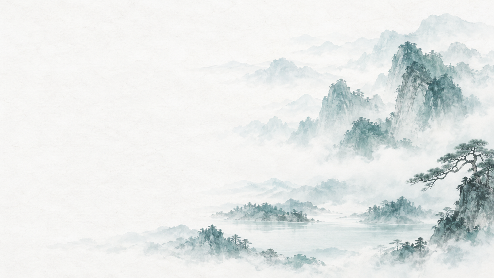 Pale blue-green mountains emerging from mist